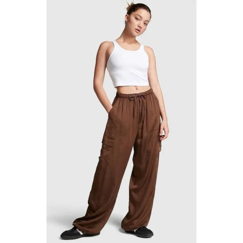 Victoria's Secret PINK‎ Chocolate Kiss Brown Satin Parachute Trousers- M